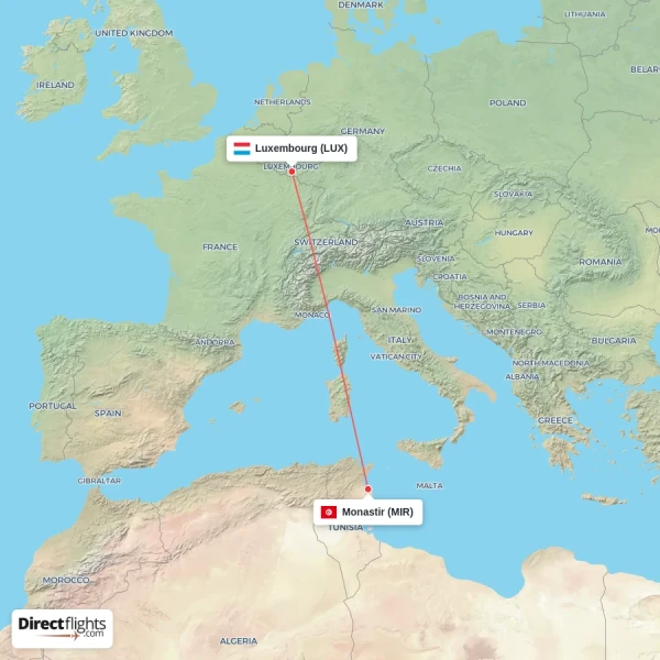 Monastir - Luxembourg direct flight map