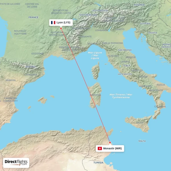 Monastir - Lyon direct flight map