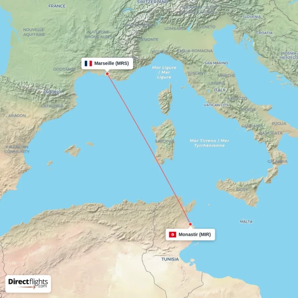 Monastir - Marseille direct flight map