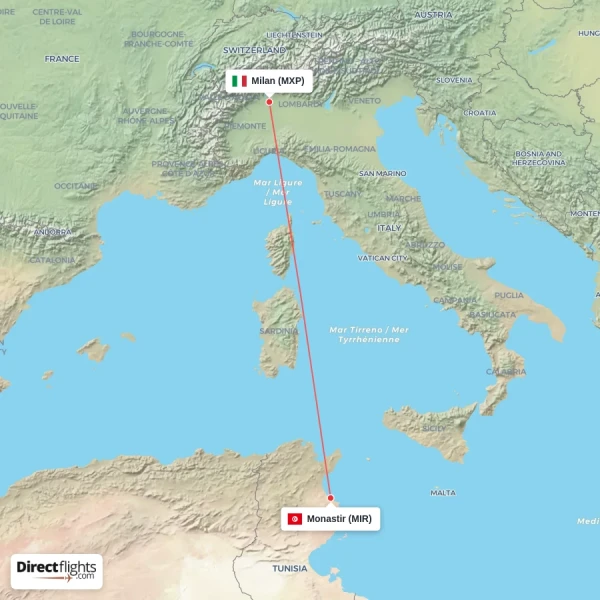 Monastir - Milan direct flight map
