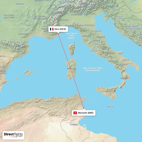 Monastir - Nice direct flight map