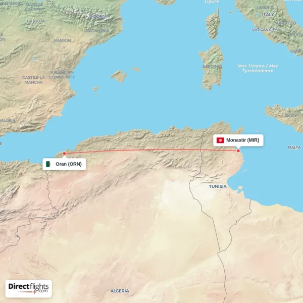Monastir - Oran direct flight map