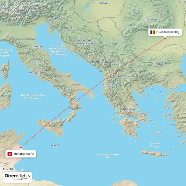 Monastir - Bucharest direct flight map