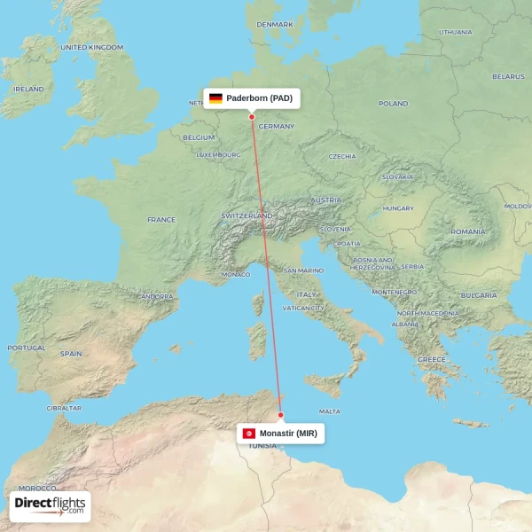 Monastir - Paderborn direct flight map