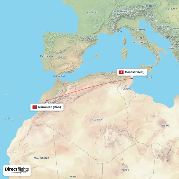 Monastir - Marrakech direct flight map
