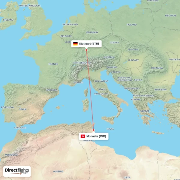 Monastir - Stuttgart direct flight map