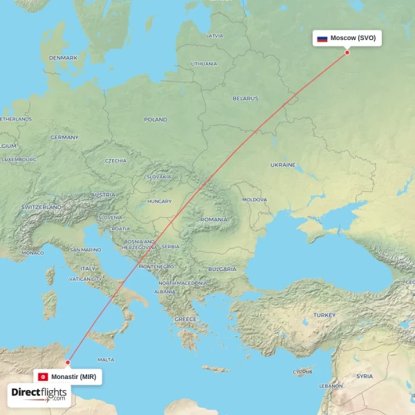 Monastir - Moscow direct flight map