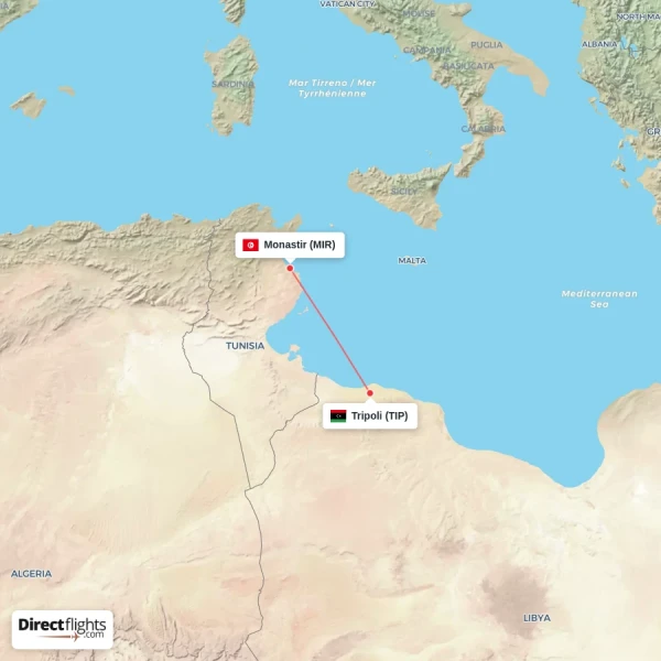Monastir - Tripoli direct flight map
