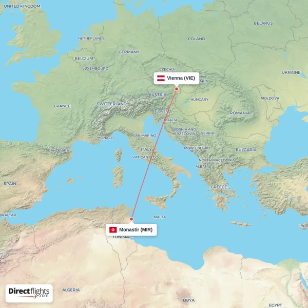 Monastir - Vienna direct flight map