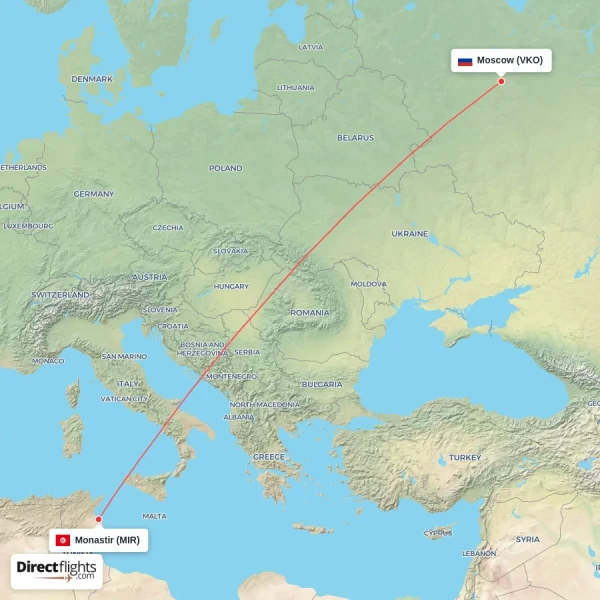 Monastir - Moscow direct flight map