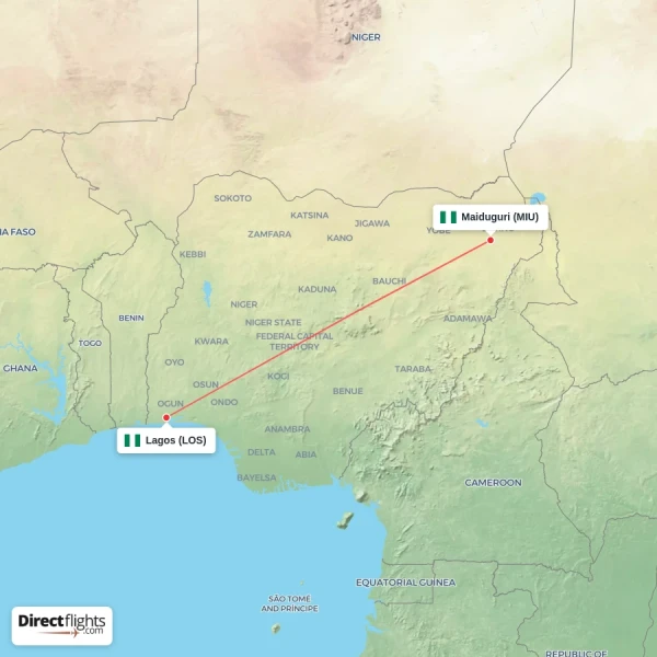 Maiduguri - Lagos direct flight map