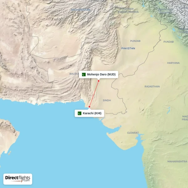 Mohenjo Daro - Karachi direct flight map