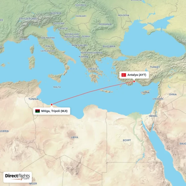 Mitiga, Tripoli - Antalya direct flight map