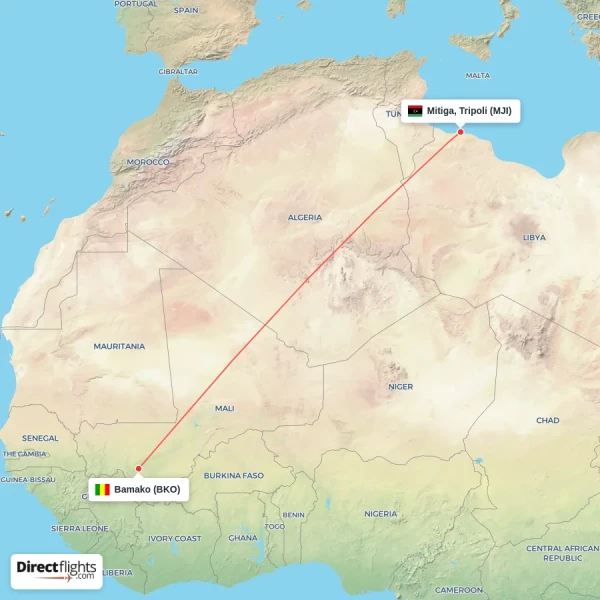 Mitiga, Tripoli - Bamako direct flight map