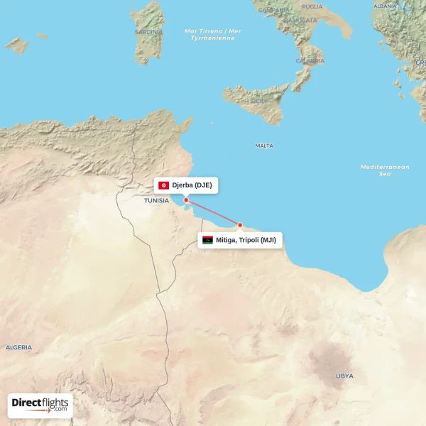 Mitiga, Tripoli - Djerba direct flight map