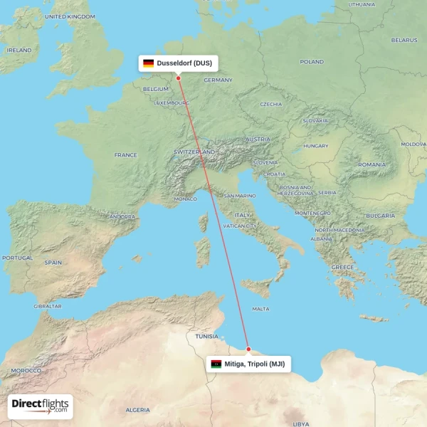 Mitiga, Tripoli - Dusseldorf direct flight map
