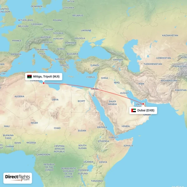 Mitiga, Tripoli - Dubai direct flight map