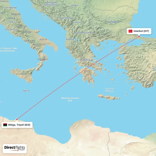 Mitiga, Tripoli - Istanbul direct flight map