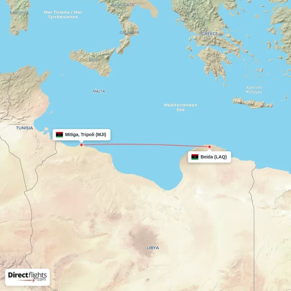 Mitiga, Tripoli - Beida direct flight map