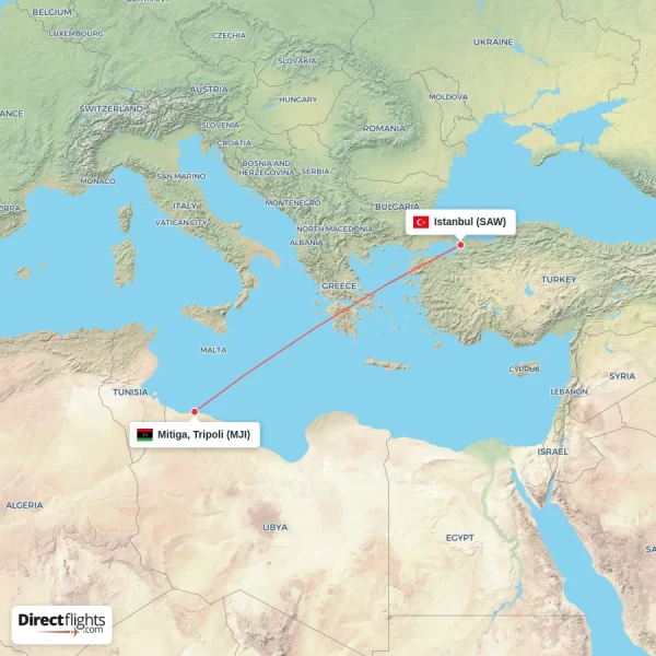 Mitiga, Tripoli - Istanbul direct flight map