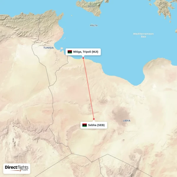 Mitiga, Tripoli - Sebha direct flight map