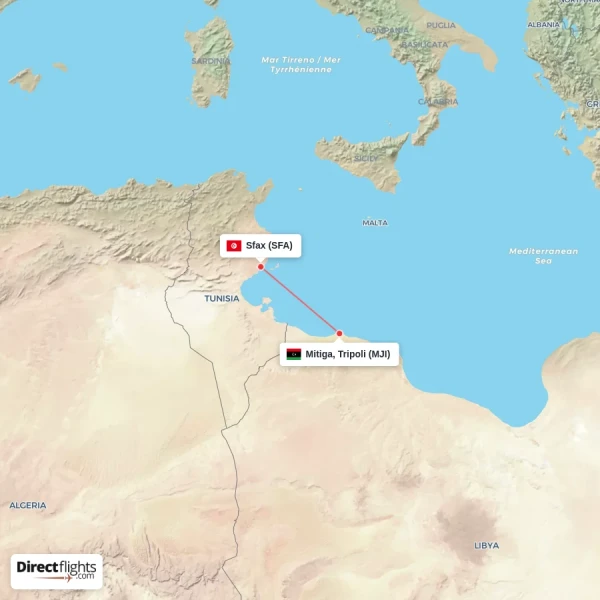 Mitiga, Tripoli - Sfax direct flight map