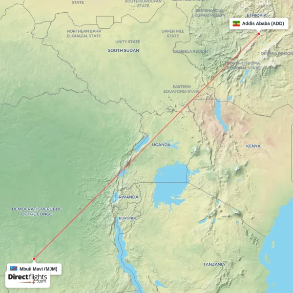 Mbuji Mayi - Addis Ababa direct flight map