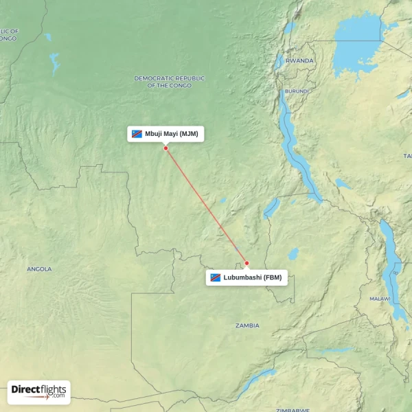 Mbuji Mayi - Lubumbashi direct flight map