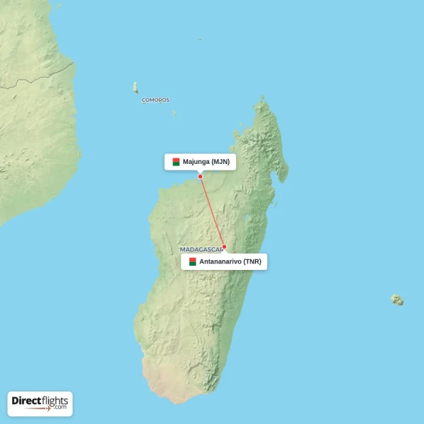 Majunga - Antananarivo direct flight map