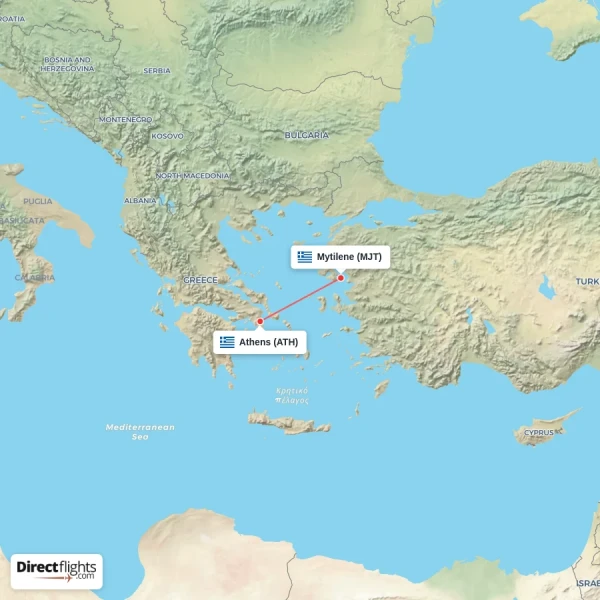 Mytilene - Athens direct flight map