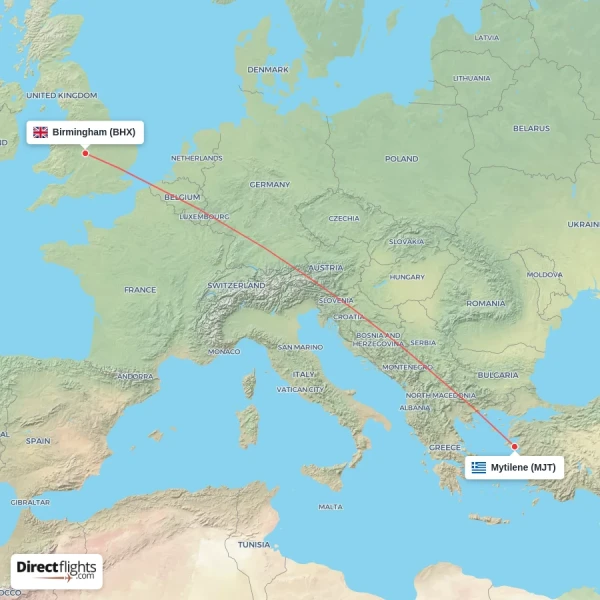 Mytilene - Birmingham direct flight map