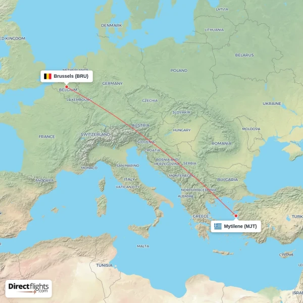 Mytilene - Brussels direct flight map