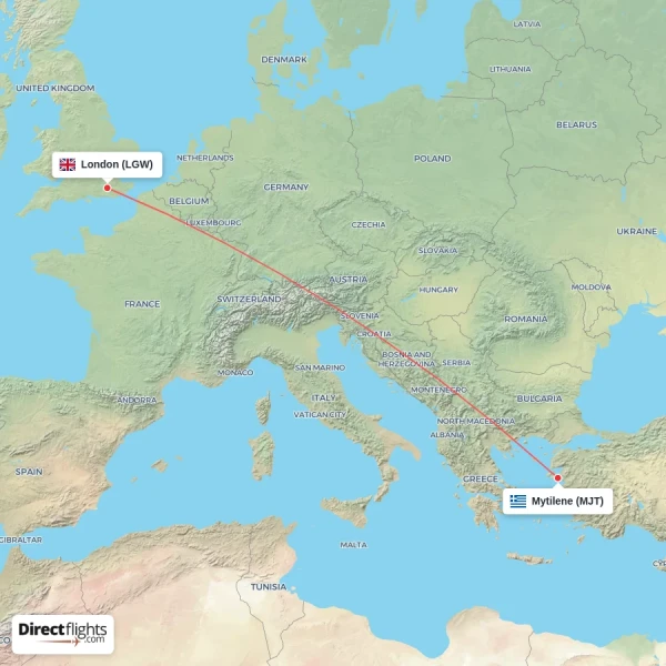 Mytilene - London direct flight map