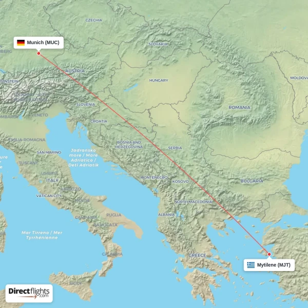 Mytilene - Munich direct flight map