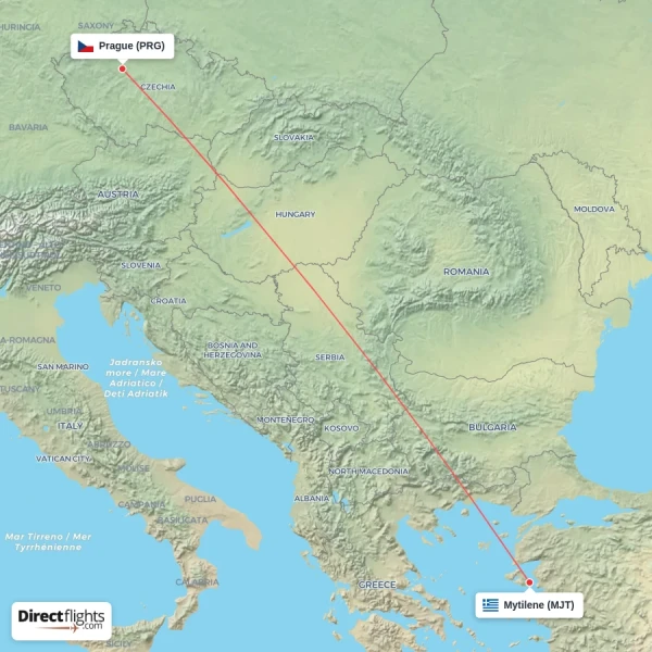 Mytilene - Prague direct flight map