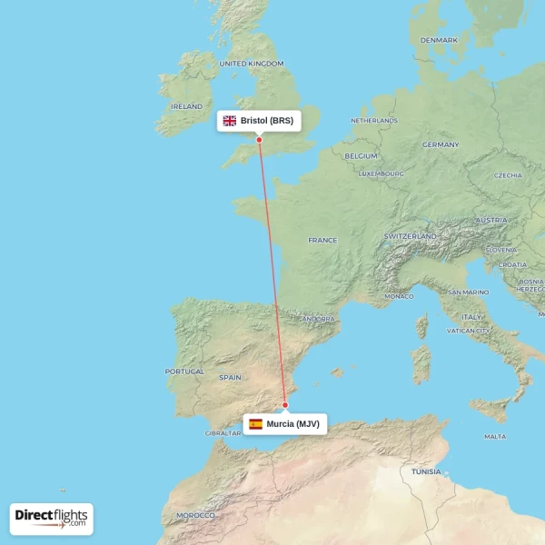 Murcia - Bristol direct flight map