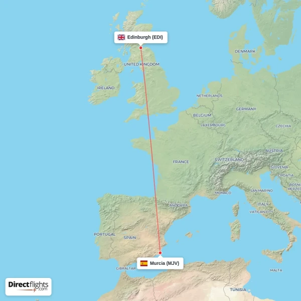 Murcia - Edinburgh direct flight map