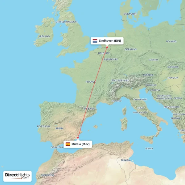 Murcia - Eindhoven direct flight map