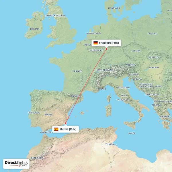 Murcia - Frankfurt direct flight map
