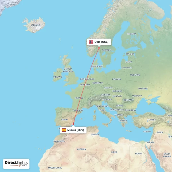 Murcia - Oslo direct flight map