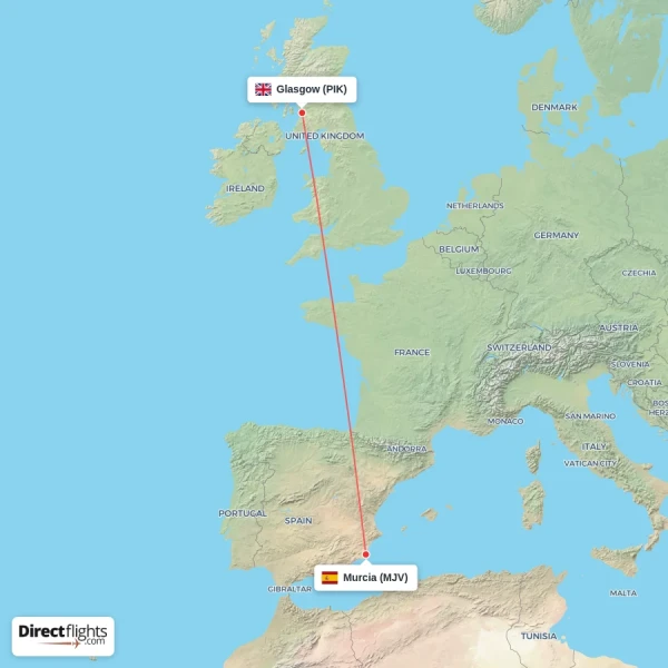 Murcia - Glasgow direct flight map