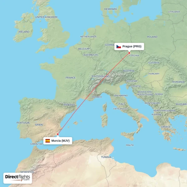 Murcia - Prague direct flight map