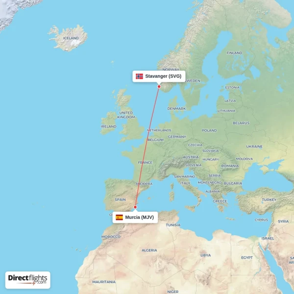 Murcia - Stavanger direct flight map