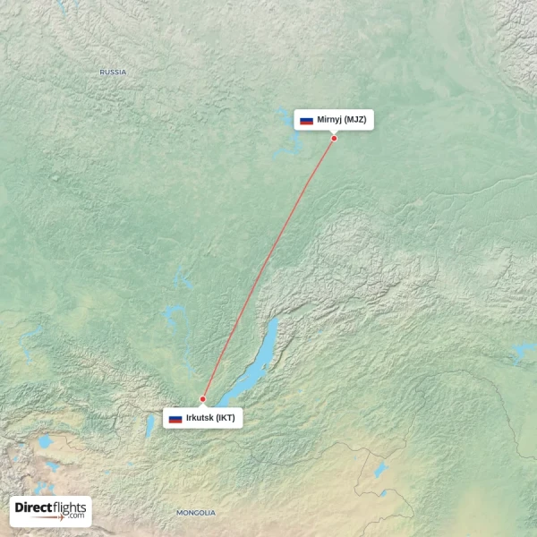 Mirnyj - Irkutsk direct flight map
