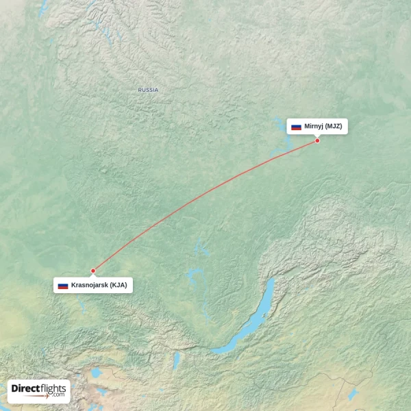 Mirnyj - Krasnojarsk direct flight map