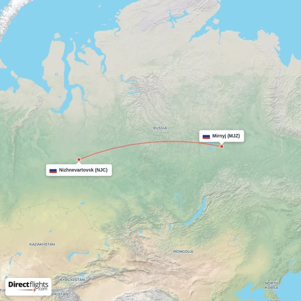 Mirnyj - Nizhnevartovsk direct flight map