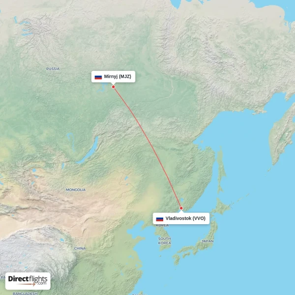 Mirnyj - Vladivostok direct flight map