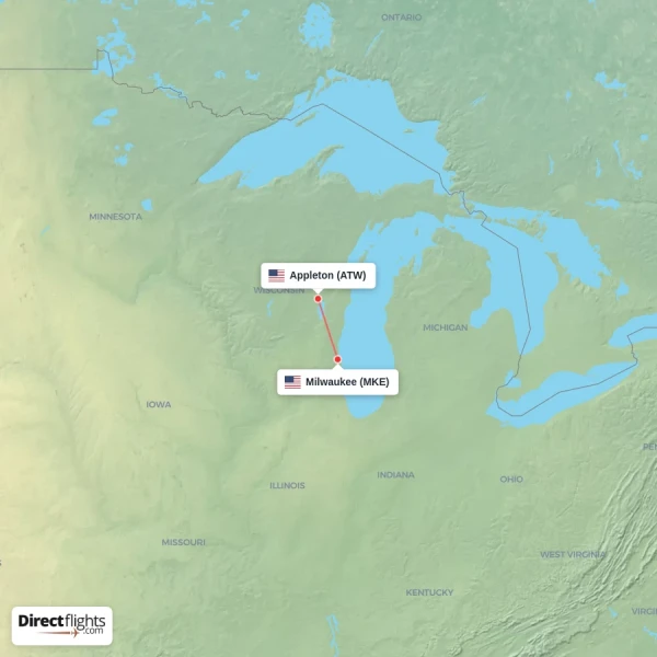 Milwaukee - Appleton direct flight map