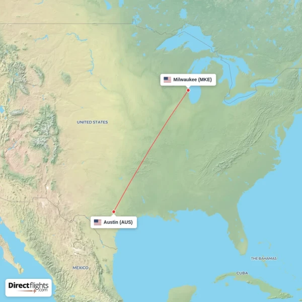 Milwaukee - Austin direct flight map