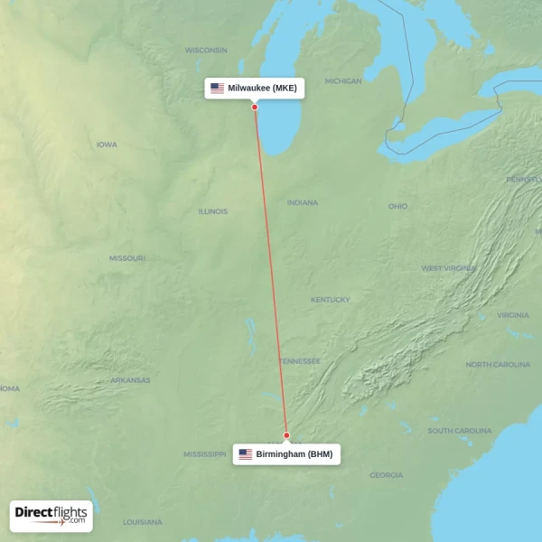 Milwaukee - Birmingham direct flight map